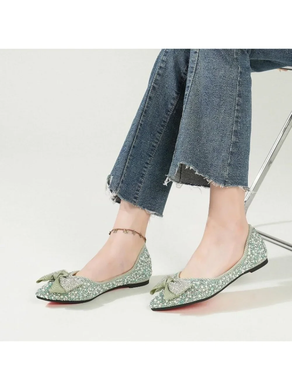 Women's Green Suede Pointed Toe Rhinestone Ballet Flat Slip On Party Dress Shoes